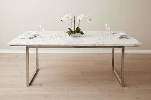 Exklusiver Marmor-Esstisch Bianco Carrara mit Edelstahlgestell